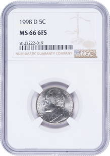 NGC MS-66 6FS 1998-D Jefferson Nickel: Intensely brilliant and sharply rendered.