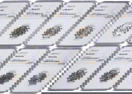 NGC MS-66 6FS Group Jefferson Nickels: Includes: 1992-D; 1994-D; 1996-P; 1996-D; 1997-D; 1999-D; 2002-P; and 2006-P. (Total: 8 pieces)
