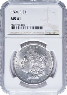 NGC MS-61 1891-S Morgan Dollar: Satiny, bright, and lustrous, and not far off a finer grade to our eyes.