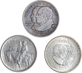 Silver Commemorative Trio: Includes 1923-S Monroe VF-20, 1925 Stone Mt. AU lightly cleaned and a 1953-S Washington/Carver Choice BU-63. (Total: 3 pcs)