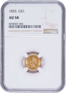 NGC AU-58 1855 Type II Gold Dollar: Brilliant and lustrous. A just miss UNC.