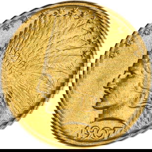 EF-AU 1907 $10 Gold Indian: No Periods variety. Satiny yellow gold with lively luster and grand eye appeal for the grade.