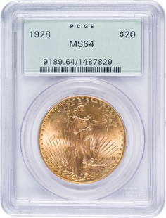 PCGS MS-64 1928 $20 Gold St. Gaudens: Satiny honey-gold with broadly sweeping cartwheels. In an old-style PCGS green label holder with plastic frame.