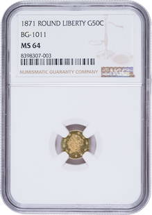 NGC MS-64 1871 California Gold Half Dollar: BG-1011 Round Liberty Head. Lustrous with a hint of proof like mirrors to the fields.