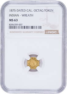 California. 1875 Gold $1-sized Token: Indian Head. Octagonal. Lustrous and somewhat PL olive-gold surfaces. Made in the era where makers of the series were subject to arrest and fine or jail time for denominated pieces; this manufacturer