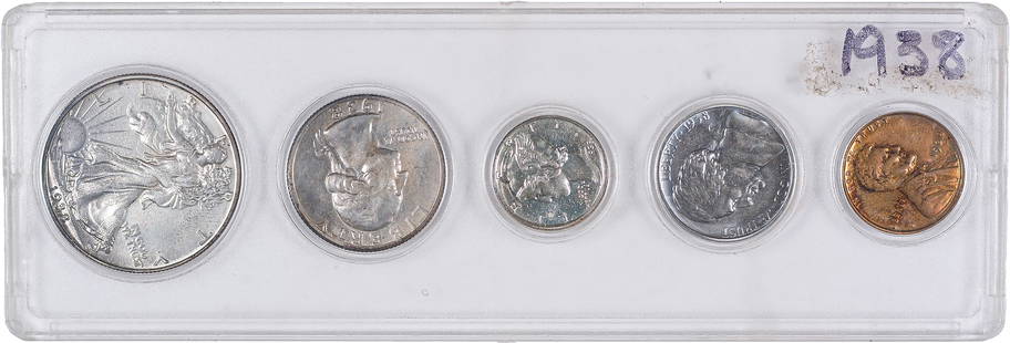 Choice to Gem 1938 Five-Piece Proof Set: In plastic holder. Modest toning highlights on all pieces. Only 8,045 sets were produced. (Total: 5 pieces)