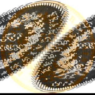 France. Gem Proof 1975 Piedfort Gold 50 Francs: Contains three ounces of gold! Rare by any standards. Just 74 examples were struck, with most of that number no doubt absorbed by French numismatists; to our memory, this is the first of these we've h