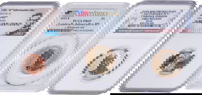 Gem Abe Lincoln Cent and Friends: Includes: NGC MS-69 RD 2019-W Cent, the first ever with the West Point mintmark; PCGS Reverse Proof-69 2015-P Lyndon B. Johnson mini-dollar. First Strike, Chronicle Set; and NGC Reverse Proof-69 2015-