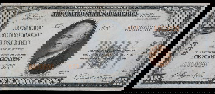 Concord MA 1929 VF+ $10 National Currency: Concord National Bank. A rare issuer, this Concord is located in Massachusetts and not New Hampshire (which notes are somewhat more available than this Massachusetts location). Rare. Charter No. 833,