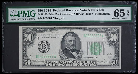 PMG 65 EPG 1934 $50 FRN: Fr.2102. A bright gem.