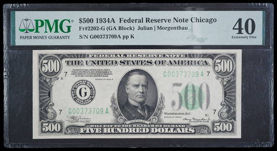 PMG EF-40 1934-A $500 Federal Reserve Note: Fr-2202G. Undeniably choice with the overall in-hand appearance of a finer grade. This could be the one for your growing currency type set!