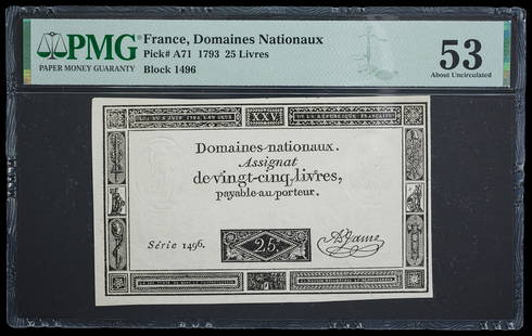 France. Domaines Nationaux. PMG-53 1793 25 Livres: Assignat. Pick-A71. Nicely centered and deeply inked, with bold impressed seal on watermarked paper.