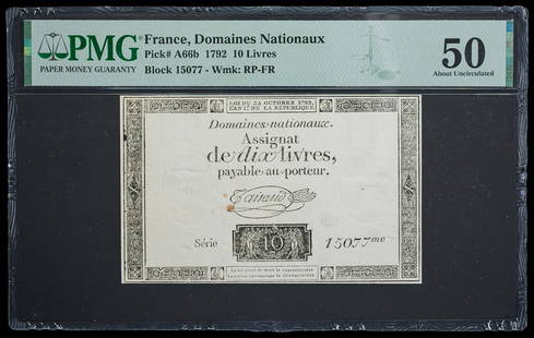 France. Domaines Nationaux. PMG-55 1792 10 Livres: Assignat. Pick-A66b. Nicely centered and deeply inked, with bold impressed seal on watermarked paper.