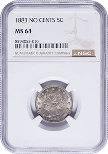 NGC MS-64 1883 No Cents Liberty Nickel: Frosty pale silver-gold surfaces offer sweeping cartwheel activity.