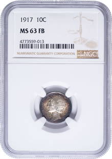 NGC MS-63 FB Toned 1917 Mercury Dime: Satiny and lustrous with rich gold and blue toning at the obverse rim, the same for the reverse but somewhat lighter overall.