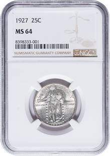 NGC MS-64 1927 Standing Liberty Quarter: Fully brilliant and boldly lustrous, and just a smidge shy from a FH designation.