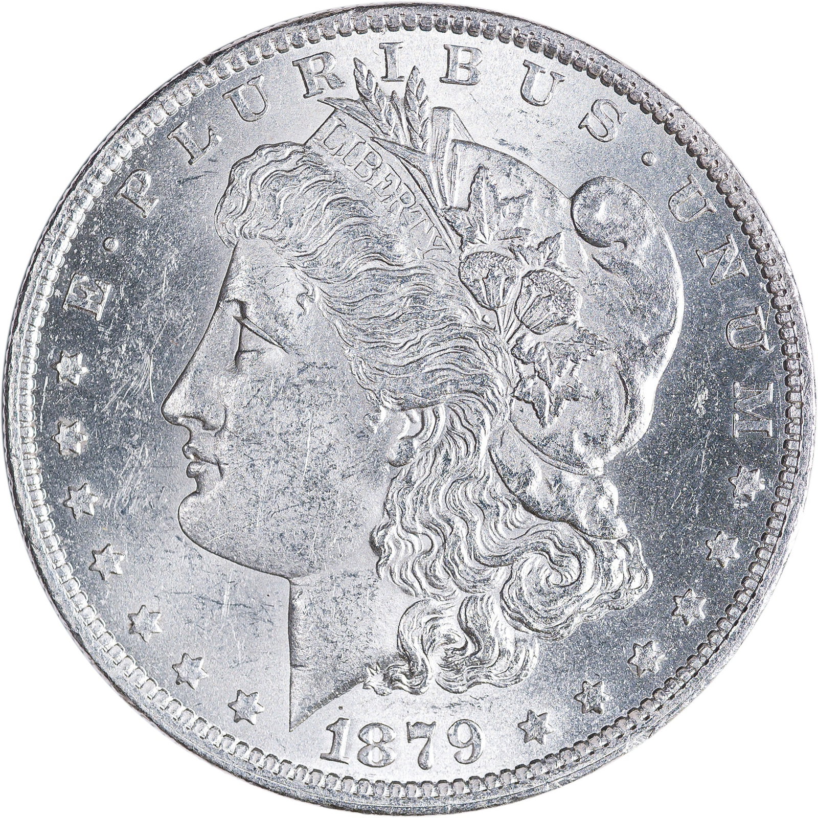 BU-60 1879-O Morgan Dollar: Brilliant white with strong luster.