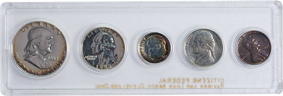 Choice To Gem 1952 Proof Set: The set shows some toning and is housed in a bank issued Whitman plastic holder.