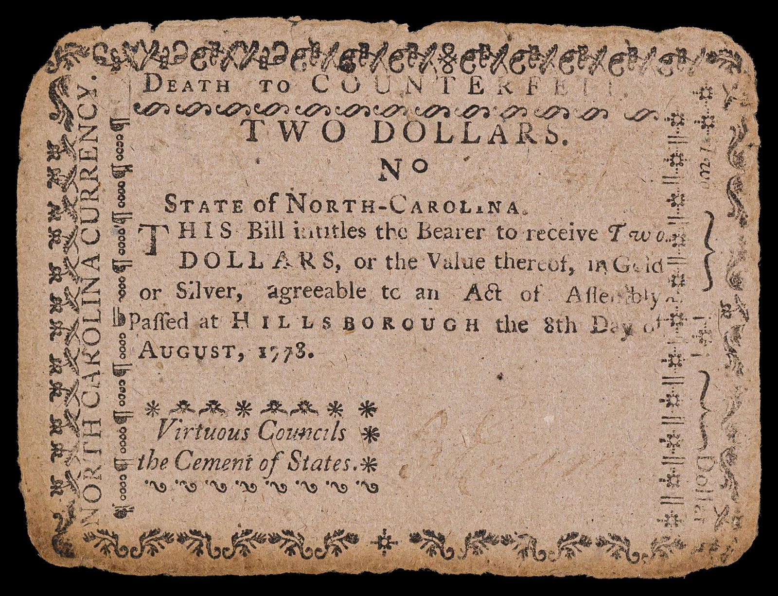 Colonial. North Carolina. Fine 1778 $2 Note: Hillsborough, August 8. "Death To Counterfeit" on face. Some toning at rounded margins and corners.