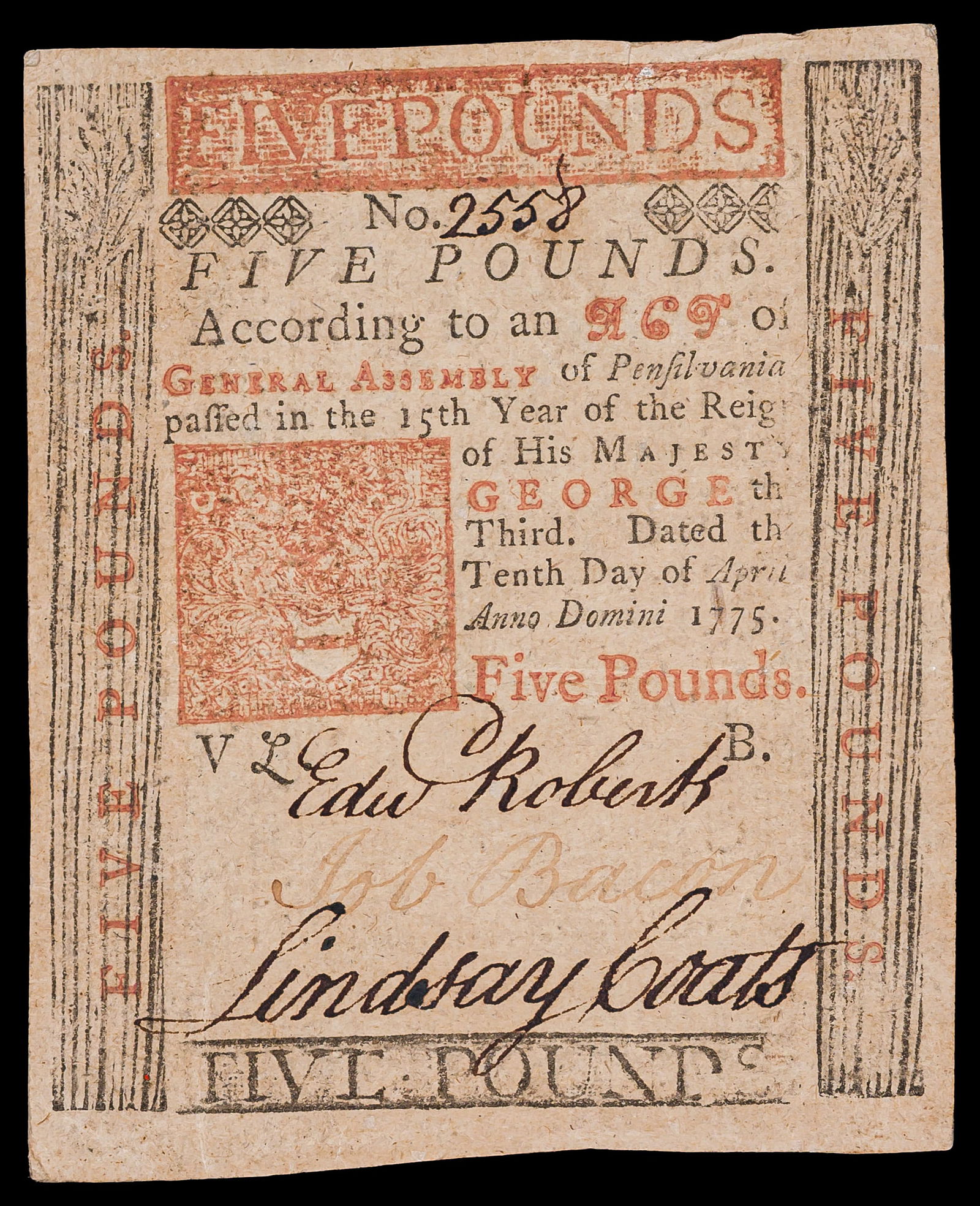 Colonial. Pennsylvania. Choice AU 1775 5 Pound Note (1 of 2)