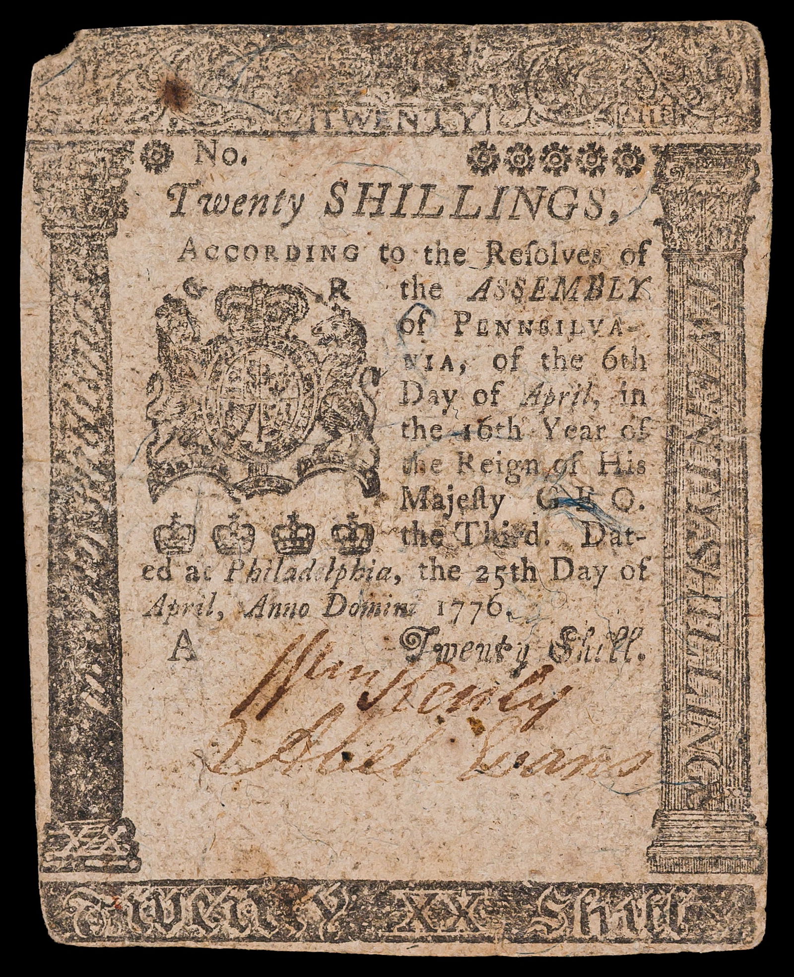 Colonial. Pennsylvania. VF 1776 20 Shillings Note (1 of 2)