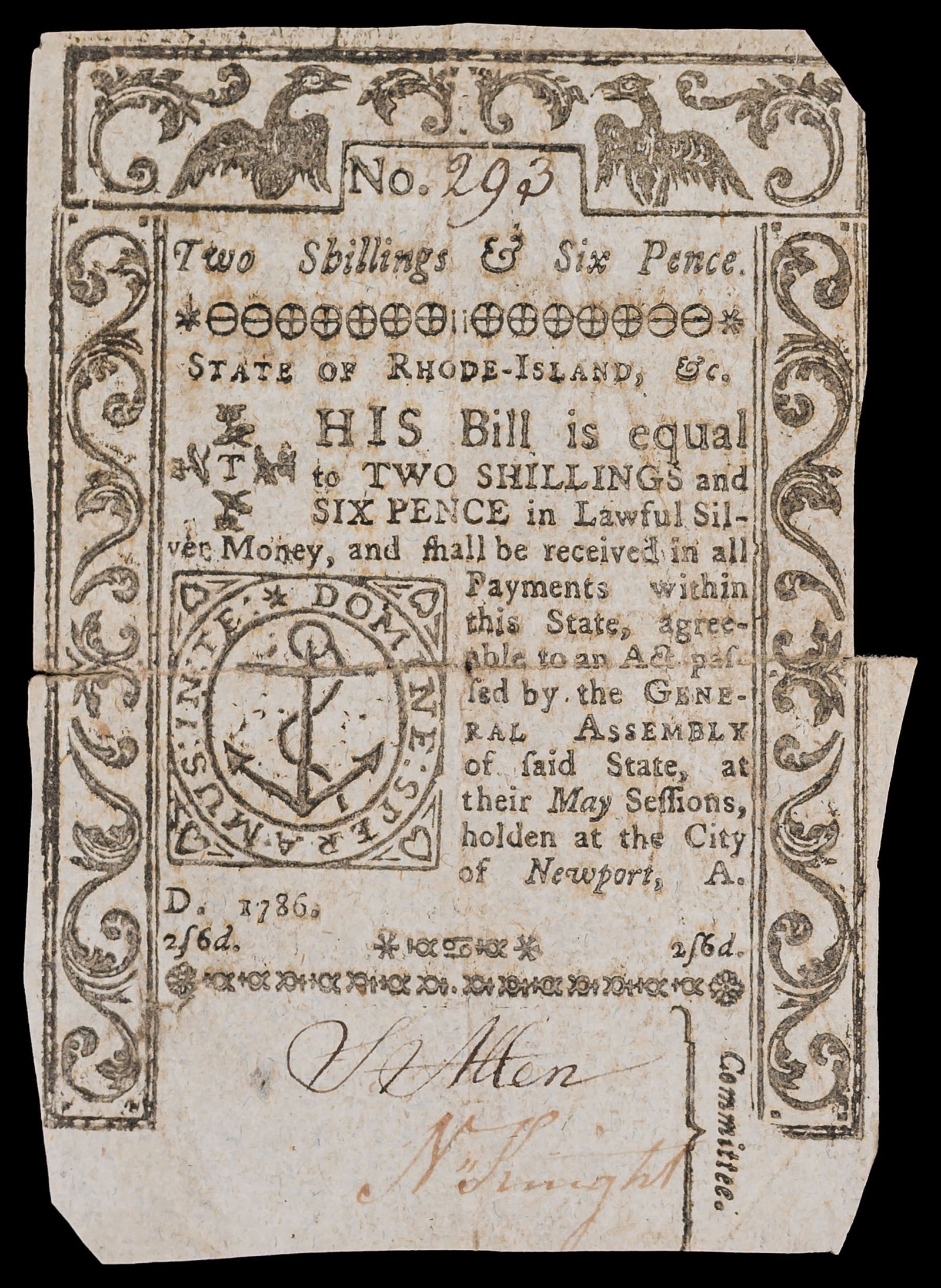 Colonial. Rhode Island. VF 1786 Two and Six Note (1 of 2)