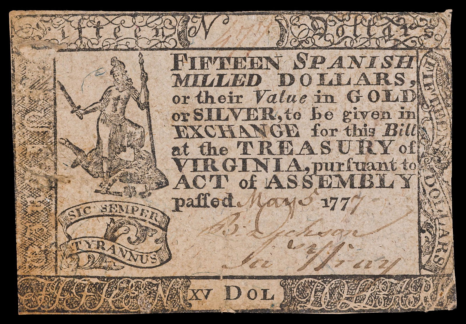 Colonial. Virginia. VF 1777 $15 Note (1 of 2)