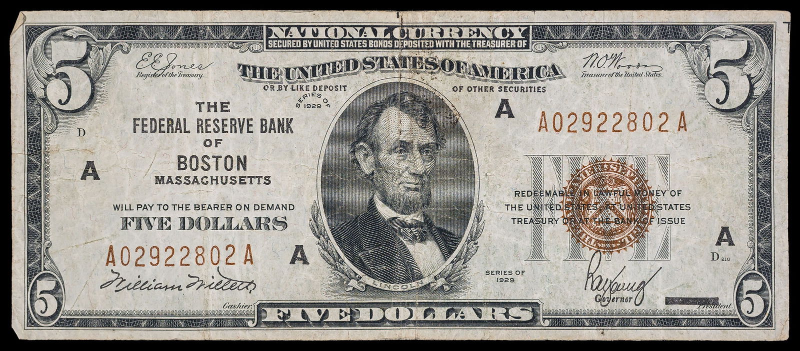 Massachusetts. Boston. Fine 1929 $5 Note (1 of 2)