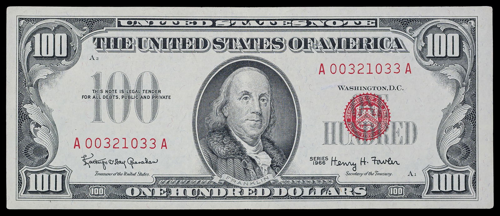 AU to Unc 1966 $100 United States Note (1 of 2)