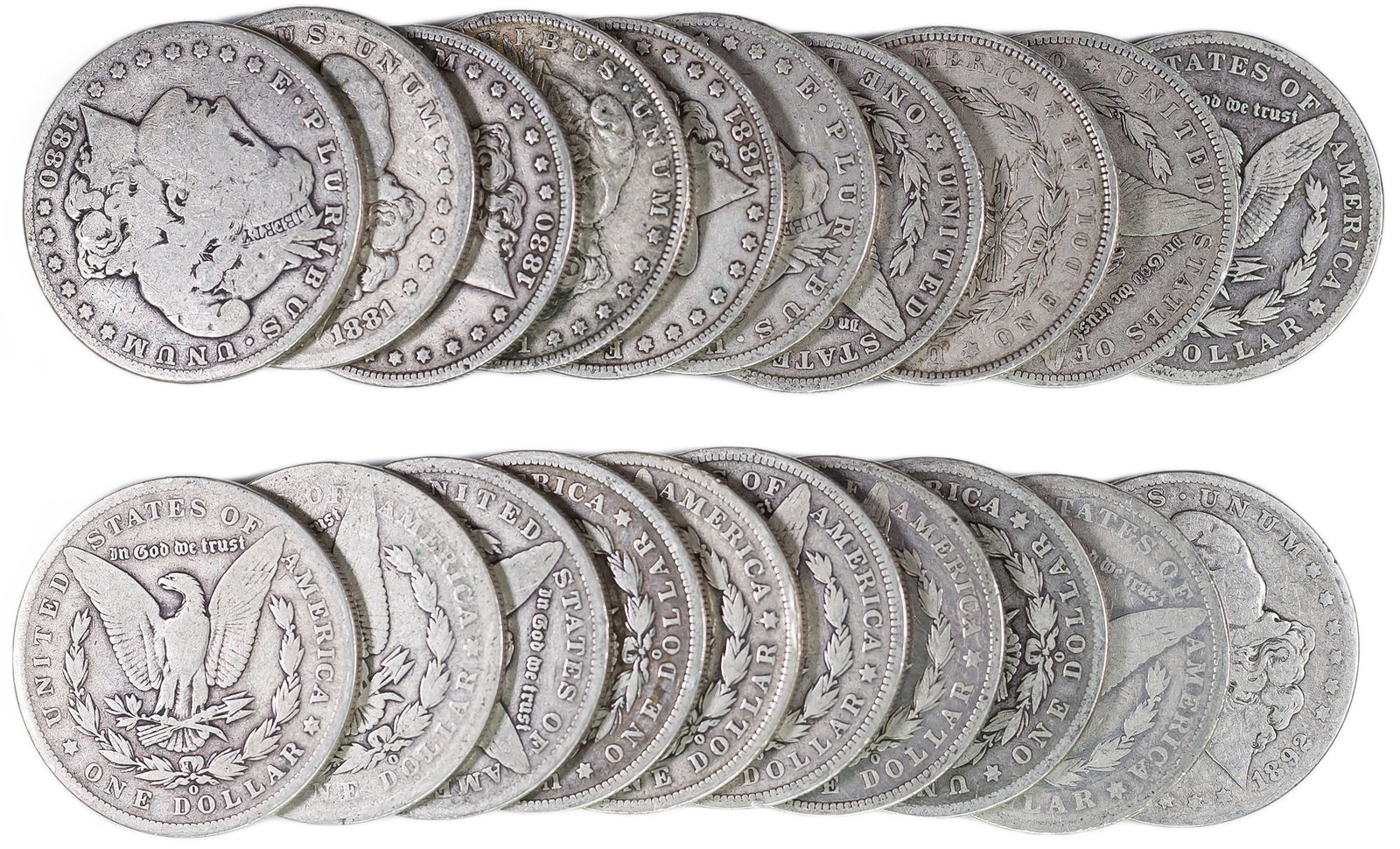 Mixed G-F Roll Of Pre-21 Morgan Dollars: Mixed dates with grades averaging about VG.