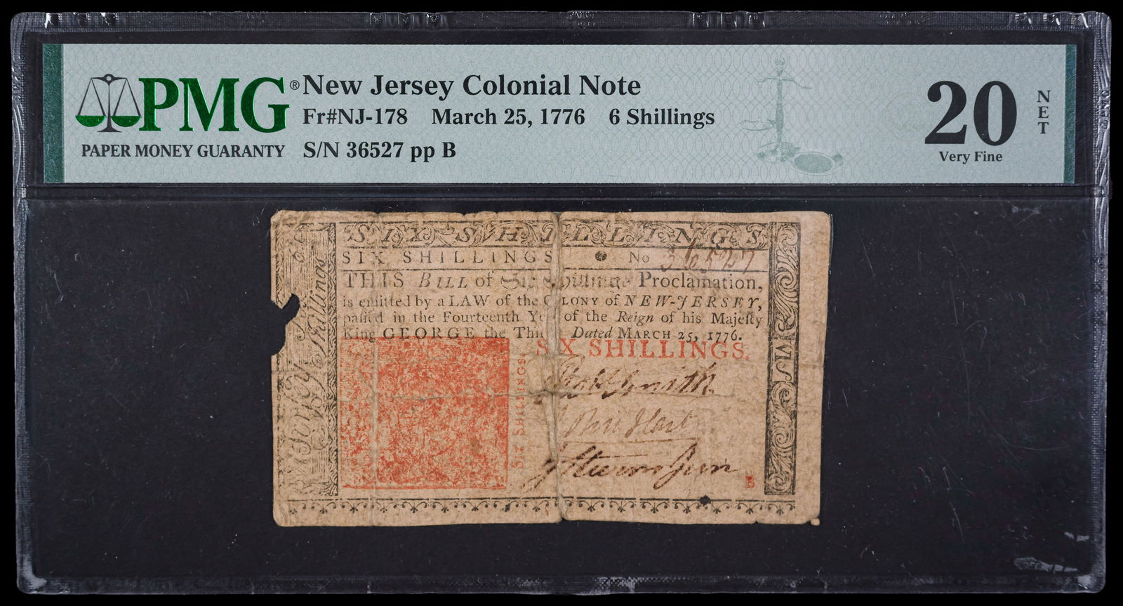 John Hart Signed PMG VF-20 Net 1776 N.J. Six Shillings (1 of 2)