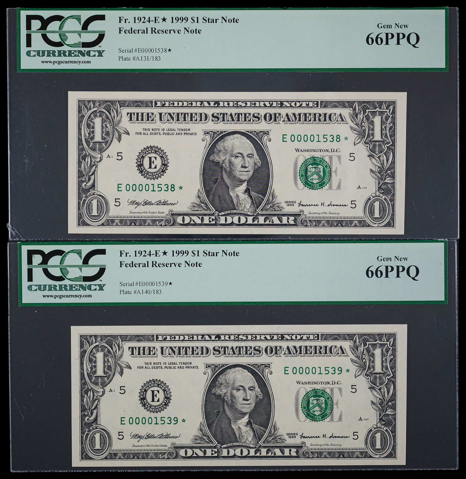 PCGS Gem-66 PPQ 1999 $1 Star Note Pair (1 of 2)