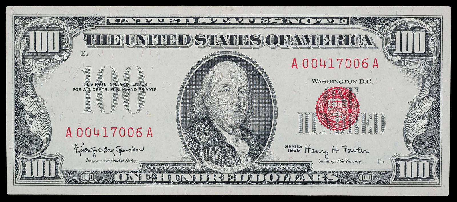 EF to AU 1966 Red Seal $100 Note (1 of 2)