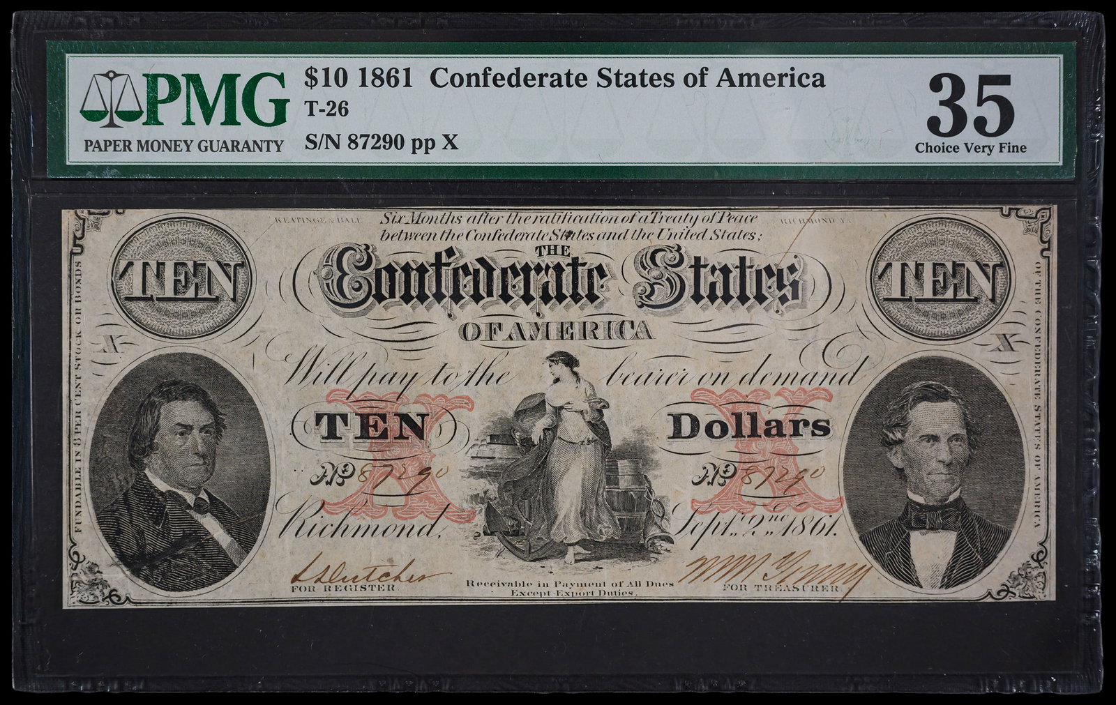 Confederate. PMG VF-35 1861 $10 Note: T-26. Relatively crisp and bright despite some time in circulation. Tight top and bottom margins.