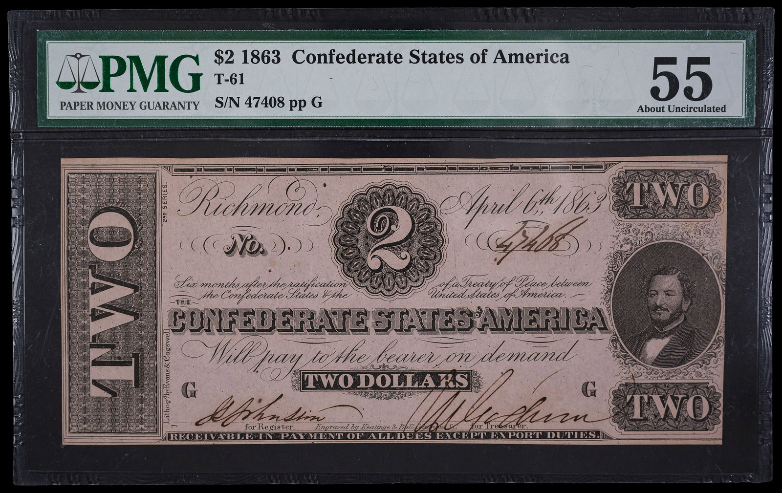 Confederate. PMG AU-55 1863 $2 Note: T-61. Tight right margin, otherwise crisp and fresh with no distractions.