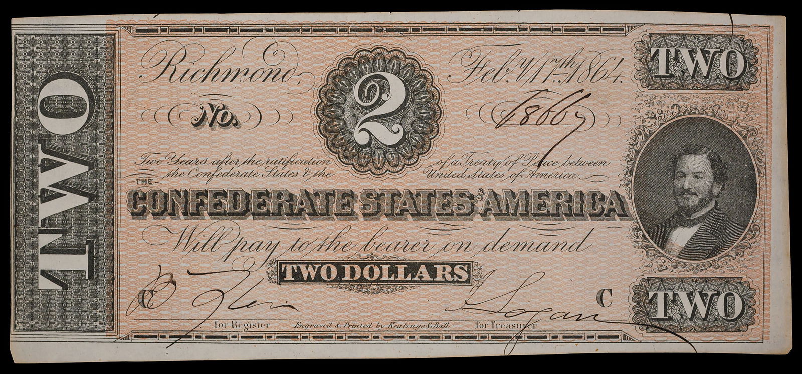 Confederate. Crisp AU 1864 $2 Note (1 of 2)