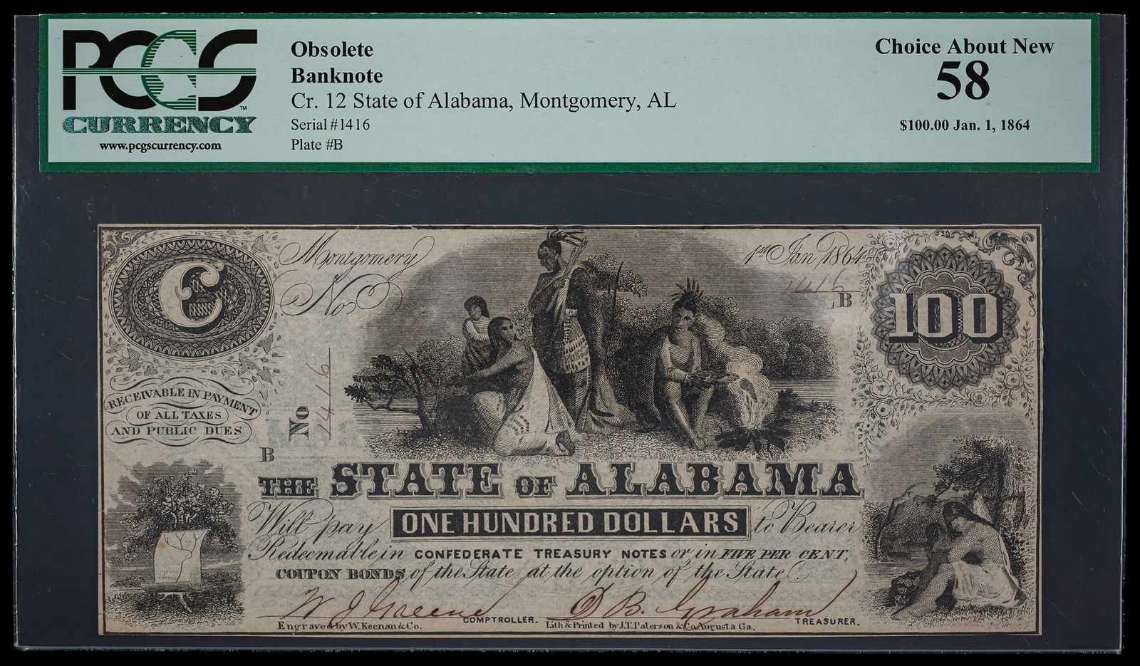 Montgomery AL. PCGS AU-58 $100 Note (1 of 2)