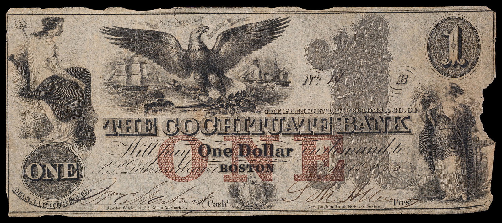Boston. MA VF Details 1852 $1 Note: Serial No. 14! Boston. Cochituate Bank. VF for wear and paper quality, but right face margin torn away.