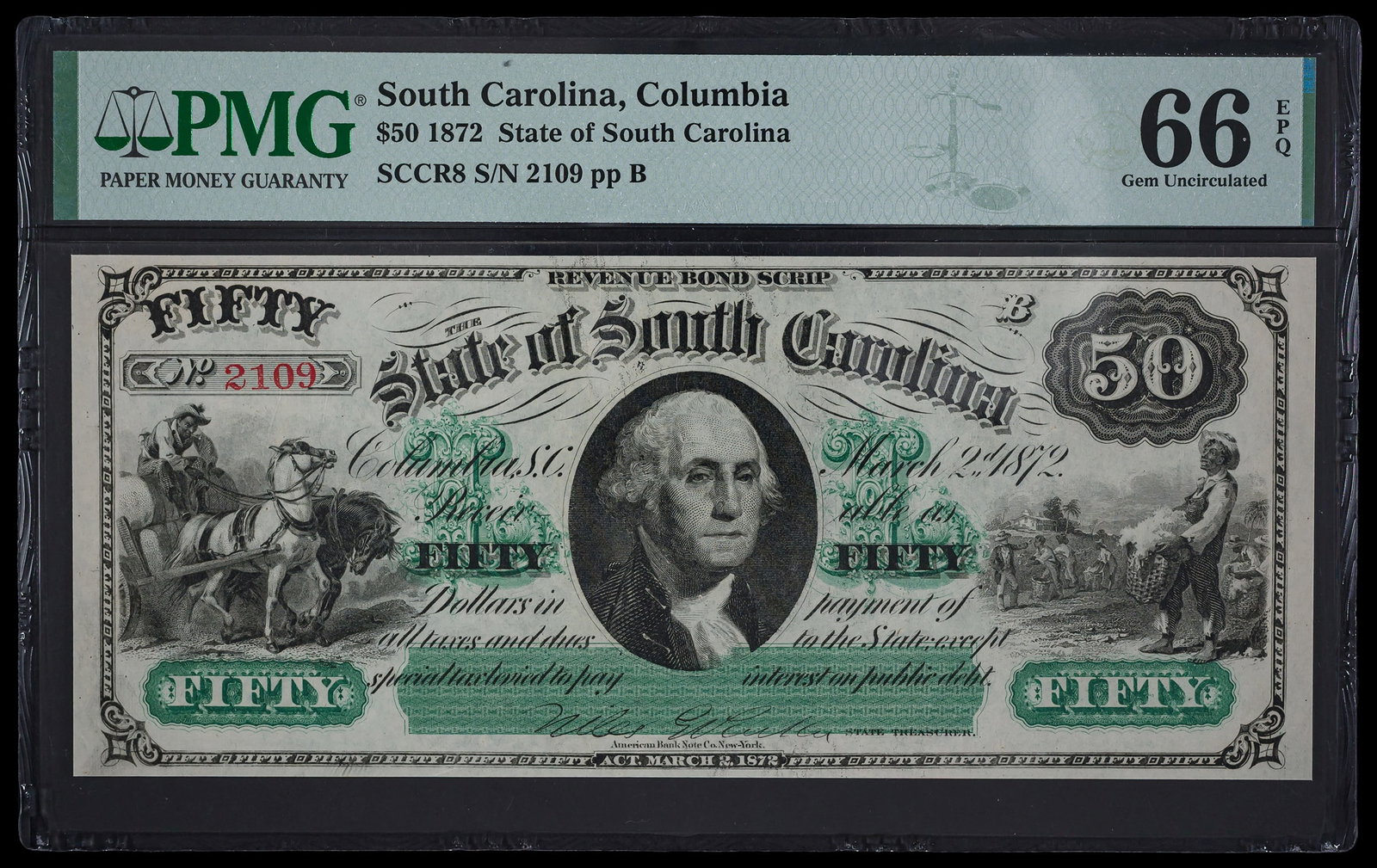 Columbia SC. PMG Gem-66 EPQ $50: Fresh and crisp with intense color and superior eye appeal. It will prove difficult to improve on the physical and aesthetic quality of this piece! Serial No. 2109.