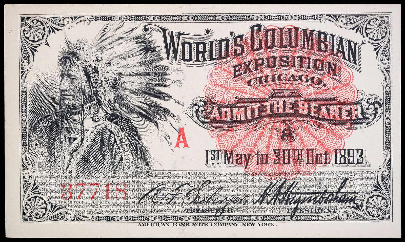 Unc 1893 Columbian Expo Admission Ticket: Native American portrait. Crisp and fresh with bright inking and a relatively low five-digit serial number.