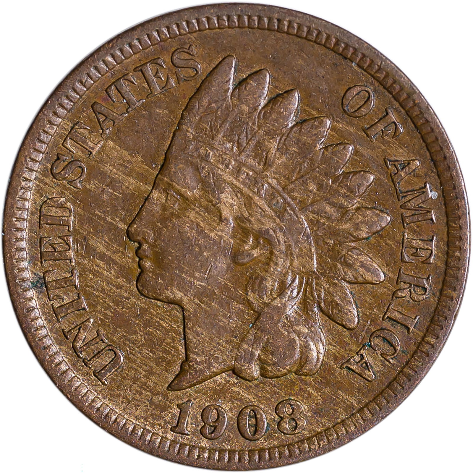 Choice EF-45 or better 1908-S Indian Cent: Shows some mint luster along with some woodgrain effect color.