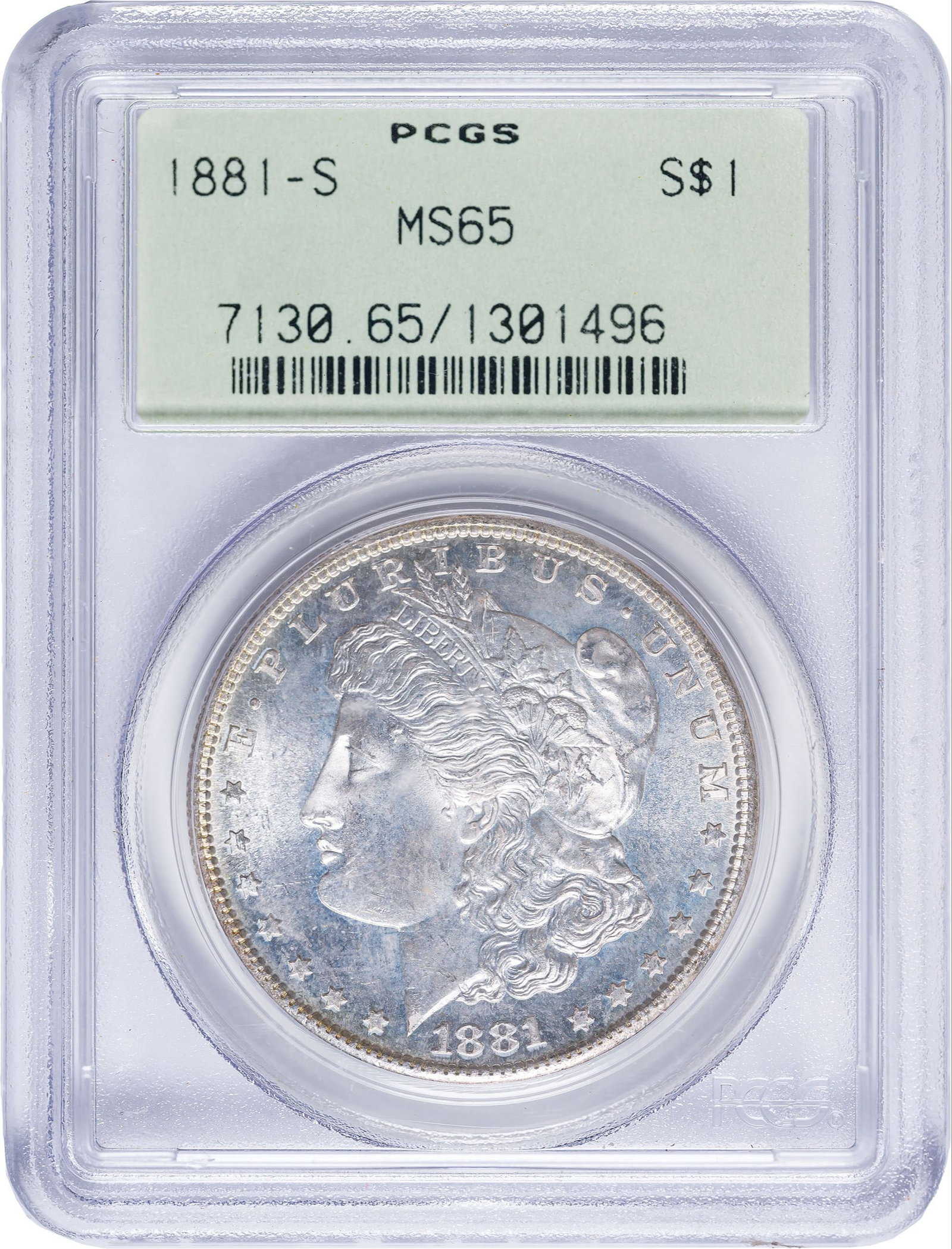 PCGS MS-65 1881-S Morgan Dollar: A satiny and brilliant Gem with lively cartwheel activity. In an old-style green label PCGS holder with plastic frame.