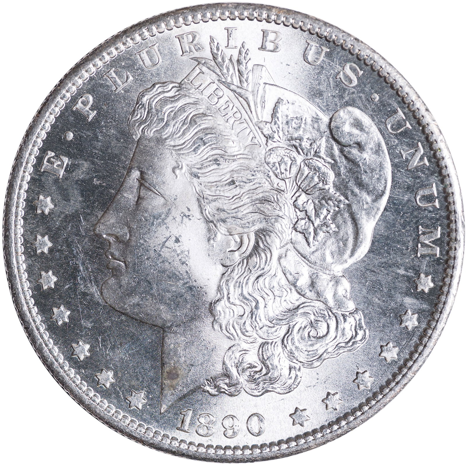 MS-62 1890-S Morgan Dollar: Bright, sharp, and boldly lustrous, tiny toning spot at Liberty's truncation. As nice as many third-party graded MS-63 coins.