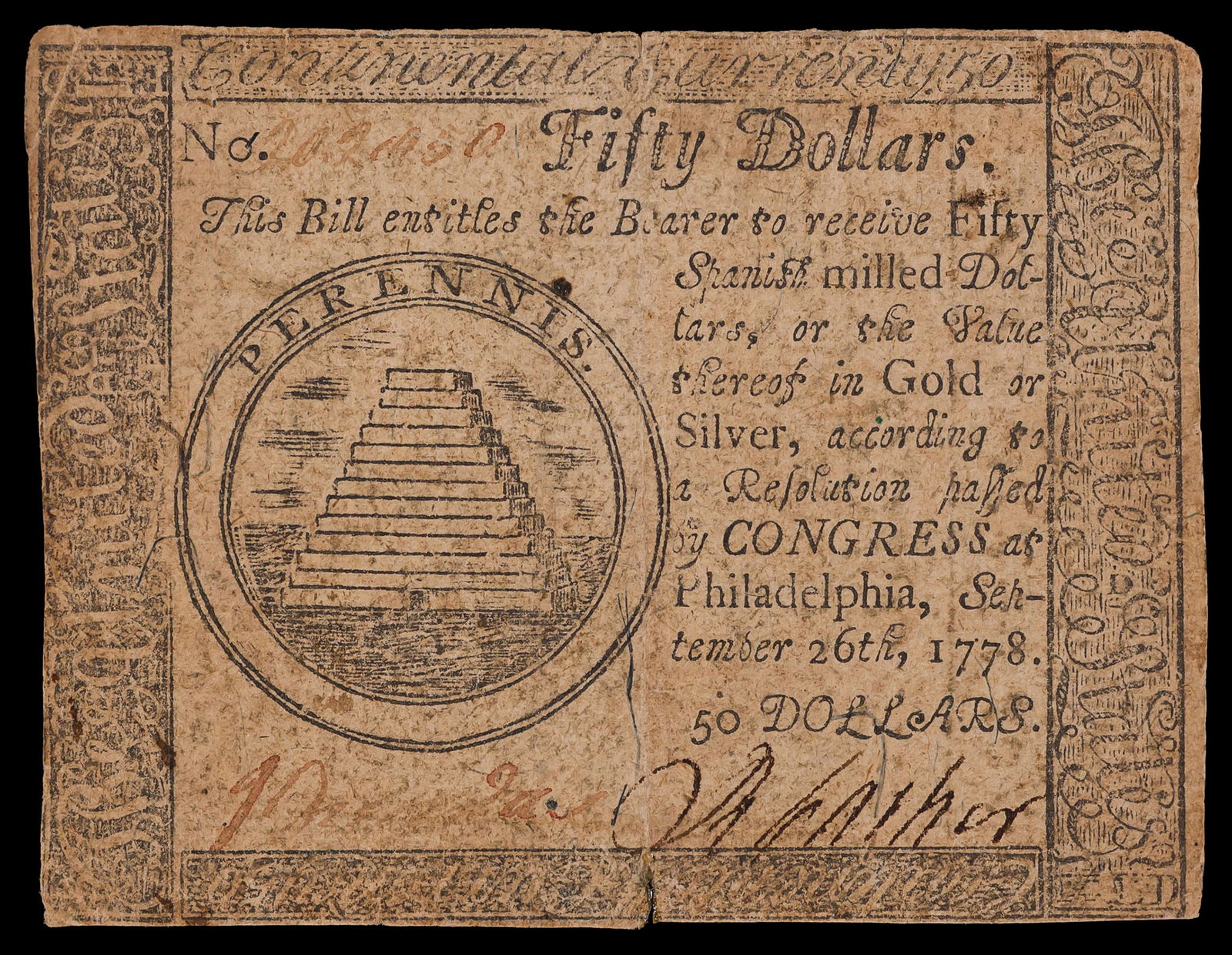 Pennsylvania. VF 1778 Fifty Dollars: September 26, 1778. Faded inking and signatures on deep golden paper. Split at top and bottom of heavy vertical crease.