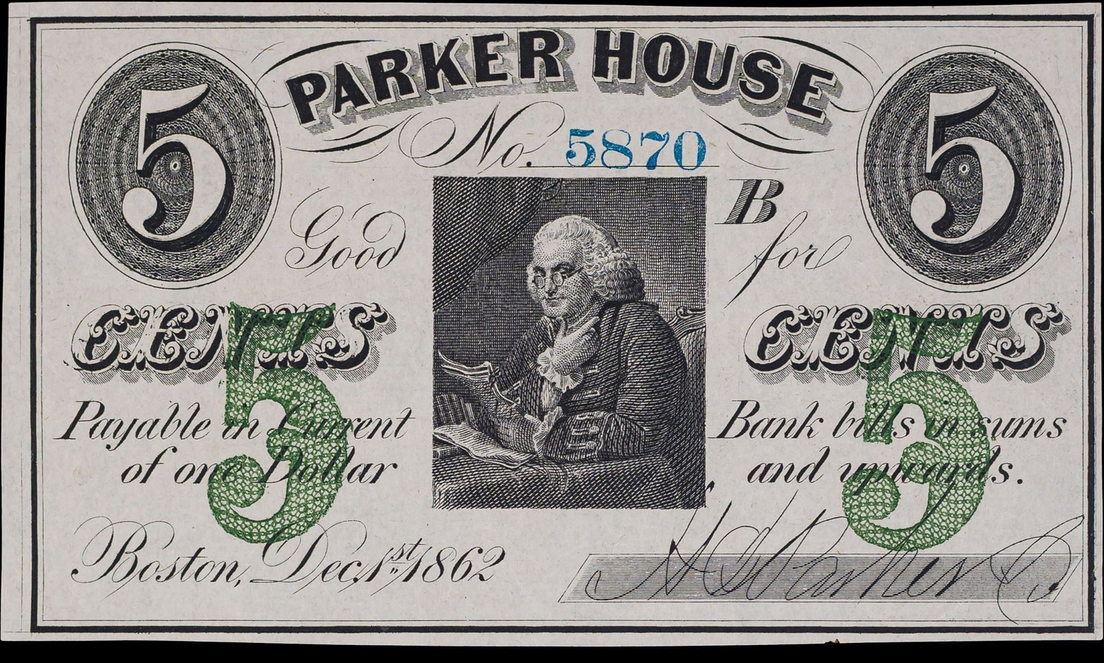 CU 1862 Parker House Boston 5 Cent: Crisp, numbered and signed.