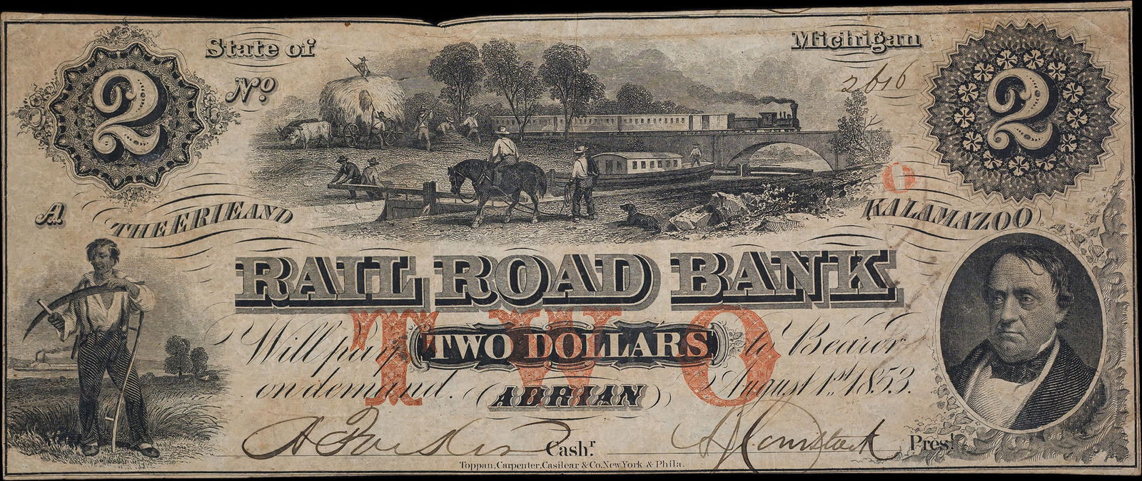 VF 1853 Kalamazoo Railroad Bank $2 (1 of 2)