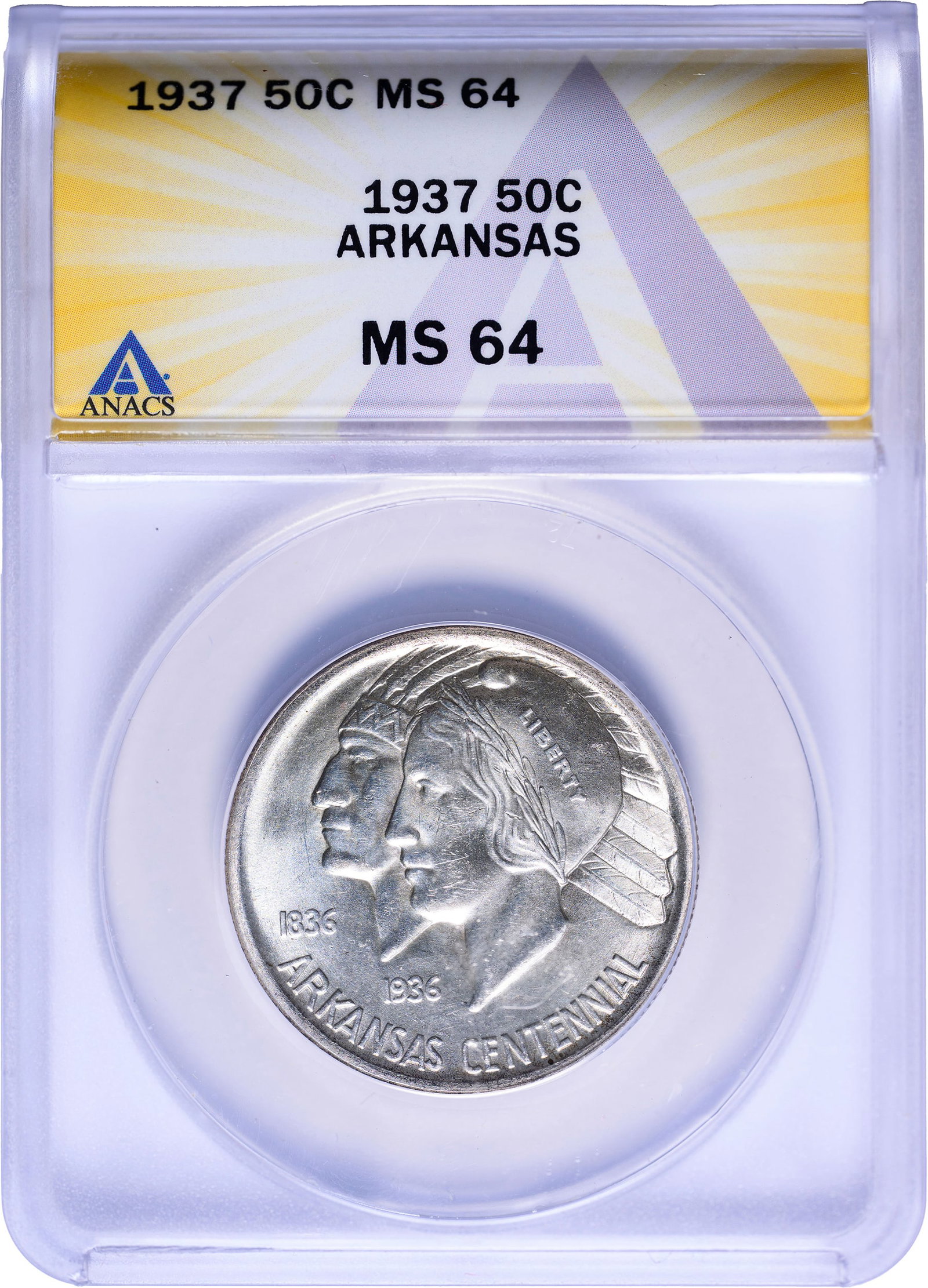 ANACS MS-64 Arkansas Half Dollar: Brilliant white.