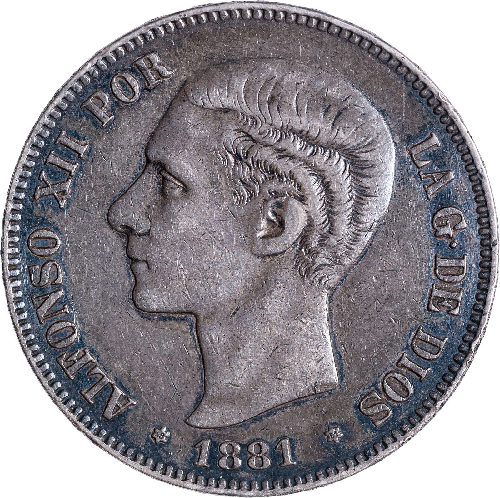 Spain. EF-40 1881 5 Pesetas (1 of 2)