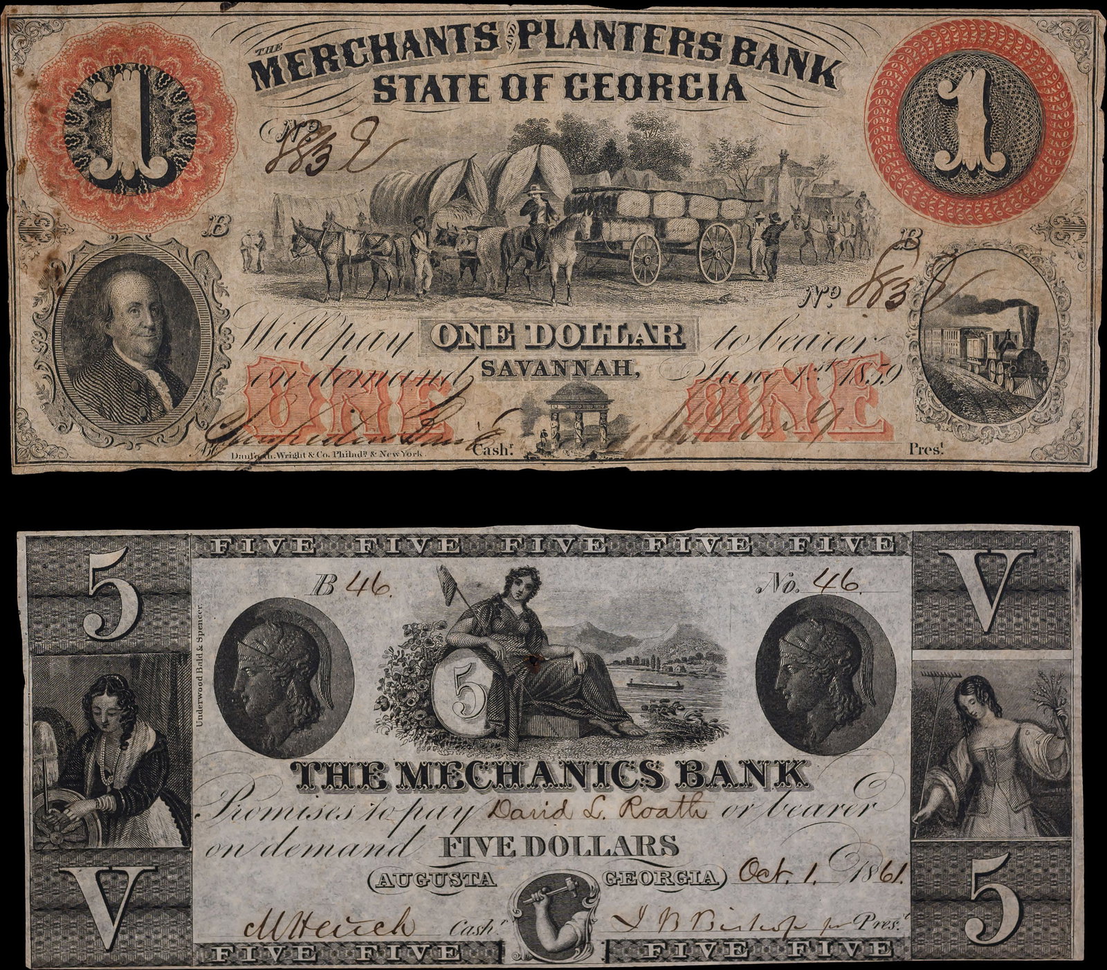 Pair Of Georgia Obsolete Notes: Includes Augusta 1861 Mechanics Bank $5 EF with a small hole and a Savannah 1859 Merchants Planters Bank $1 VF. (Total: 2 pcs)