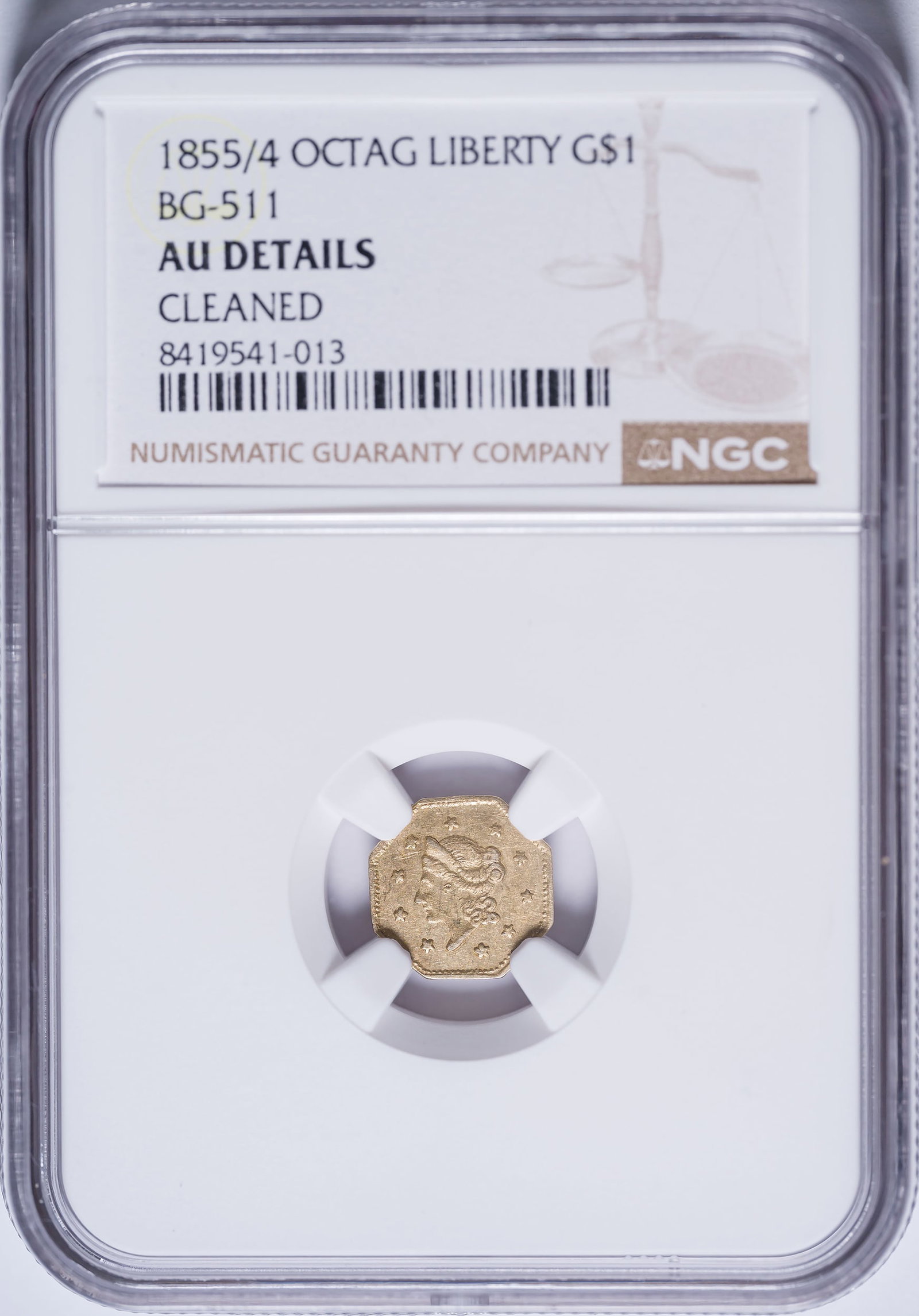 NGC AU Details 1855/4 California Gold $1: BG-511 Liberty Head Octagonal. The holder notes a cleaning but the overall appearance is that of an original coin.